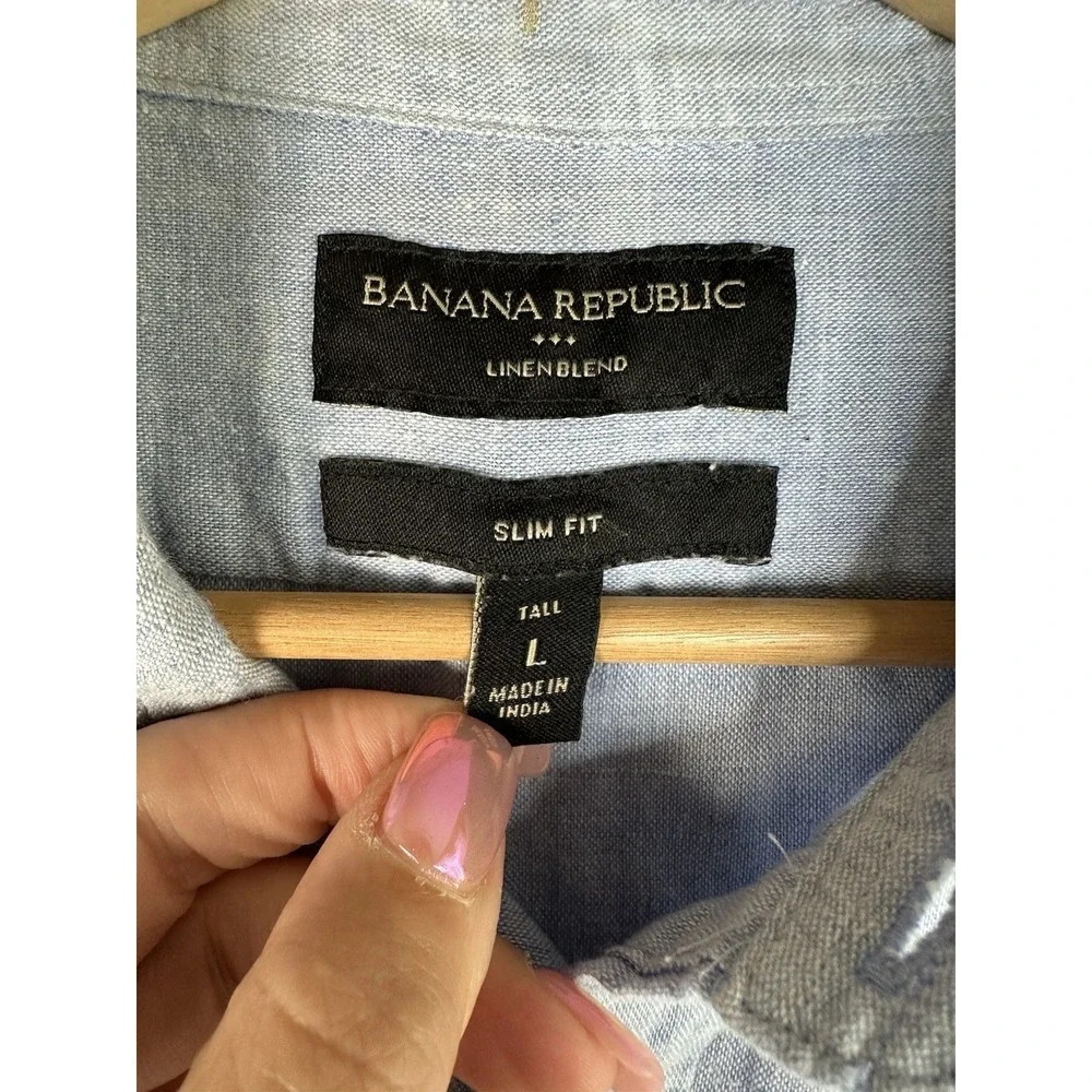 Banana Republic Men's L Tall Blue Linen-Cotton Slim Short Sleeve Button-Up Shirt